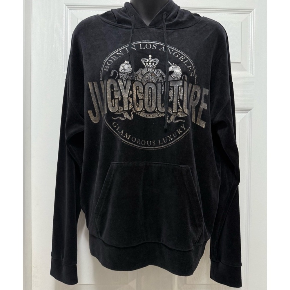 Juicy Couture Black Velour Hoodie‎ Crest Logo Y2K Vintage Velour Pullover